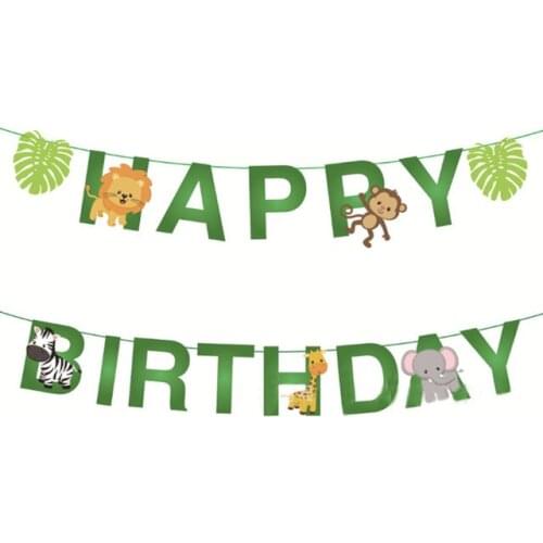 Forest Jungle Safari Animal Happy birthday banner Lion Monkey Elephant Giraffe Zebra Garland bunting for kids birthday Supplies