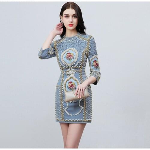 Fashion womens party dress 2020 spring high quality pearls beading embroidery Denim dress B612