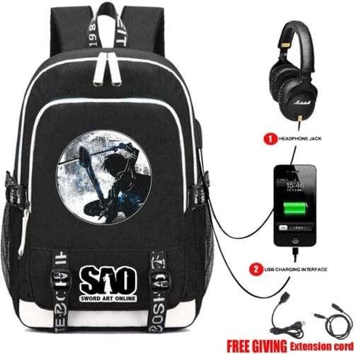 USB Charging Headphone jack teenagers travel bag Laptop shoulder bag student book backpack for anime Sword Art Online Backpack