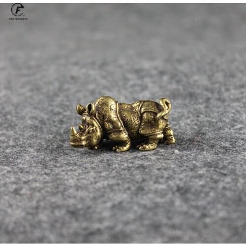 Handmade Pure Copper Cute Rhinoceros Miniatures Figurines Solid Vintage Brass Rhino Ornaments Tea Pets Desktop Decorations Craft
