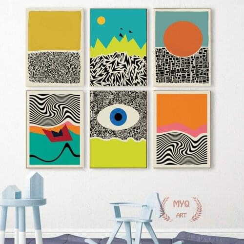 Modern Colorful Red Blue Yellow Abstract Line Geometric Canvas Painting Wall Art Picture Poster Print for Living Room Home Decor