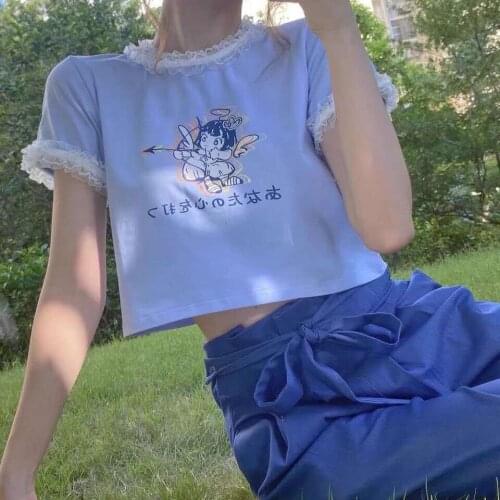 Japanese lace angel short kawaii female T-shirt sweet cartoon tees Harajuku Vintage tops short sleeve plus size female clothing