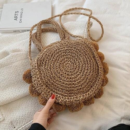 Cute Hand-woven Womens Round Shoulder Crossbody Handbag Bohemian 2021 Summer Straw Beach Tote Travel Weaving Shopping Bags