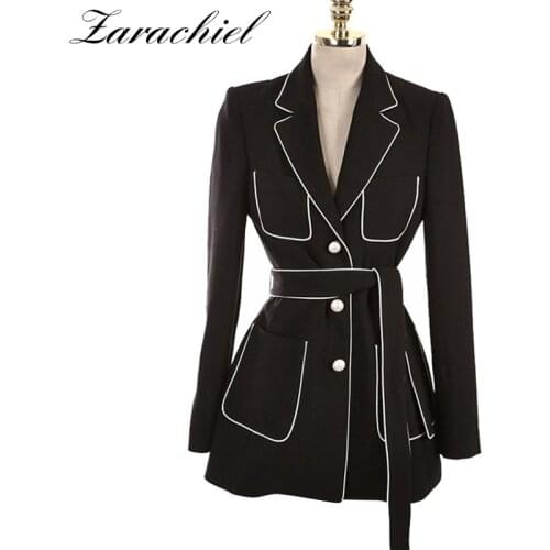 2020 Autumn Office Lady Blazer Jacket Women Work Wear Suit Elegant Single Breasted Pearls Notched Sashes Blazer Feminino Outwear
