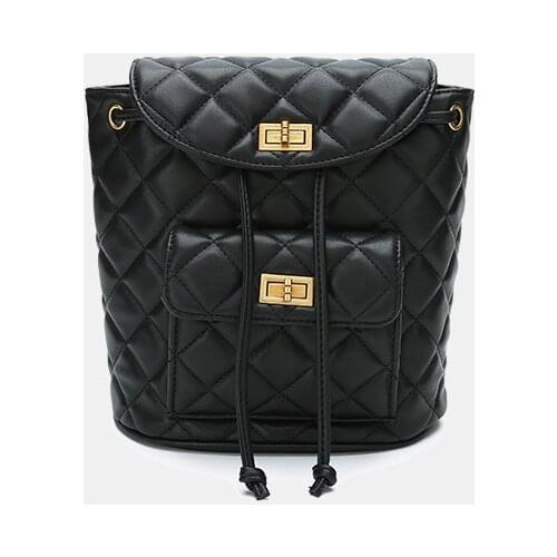 Genuine leather cow skin women chain backpack solid plaid drawstring bag