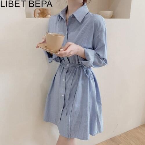 2021 New Spring Summer Women Shirt Dress Striped Elegant Lace Up Turn-down Collar High Waist Oversize Lady Mini Dresses DR3220