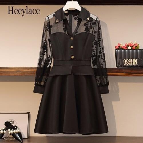Plus size Sexy Elegant Black autumn dress Mesh embroidery Long Sleeve patchwork Dress Women vintage A-line Dresses Vestidos 5XL
