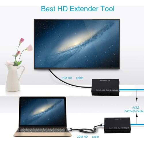 60M HDMI-compatible Extender Via Cat5e Cat6 RJ45 Ethernet Cable Transmitter Receiver 1080p Audio Video Converter Computer To TV