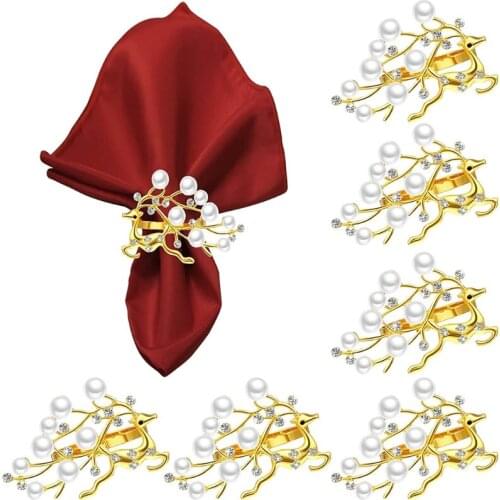 H55A 6 Pcs Deer Napkin Rings Buckles with Pearls Rhinestone Serviette Buckle Holder