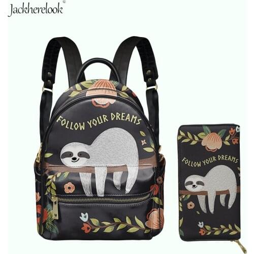 Kawaii Sloth Design Fashion Pu Leather Double Shoulder Pack for Girl Funny Cute Female Shopper Backpack Card Holder Wallet Set
