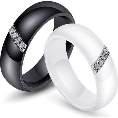 6MM Fashion White Black Ceramic Rings for Women Smooth Surface Inlaid Zircon Women Ring Stainless Steel Wedding Engagement Gift