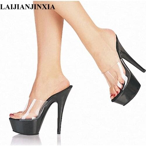 LAIJIANJINXIA New Custom-Made Plus Size Full Clear 15cm Sexy High Heel Crystal Sandals Platform High Heel Shoes Party Slipper