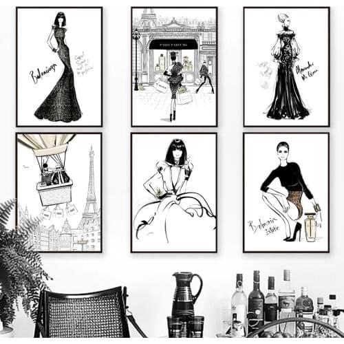 Fashion Model Paris Tower Wall Art Canvas Painting Nordic Posters And Prints Black White Wall Pictures For Living Room Decor
