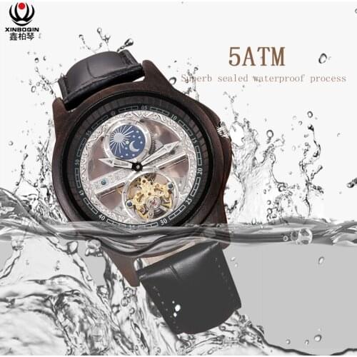 Men watch Automatic mechanical wooden case leather strap hollow waterproof 5 Bar Luminous red sandalwood ebony male clock 6609