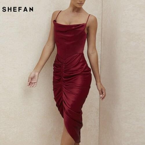 Shefan Women Vintage Dress Ruched Night Club Sexy Solid Wine Red Spaghetti Strap Backless Inverted V Draped Vestidos Dress