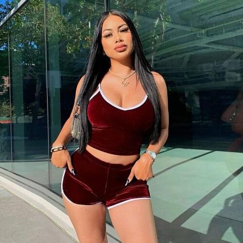Casual Sportswear Velvet Shorts Sets Jogging Femme Sexy Spaghetti Strap Crop Top Biker Shorts Slim Workout Two Piece Set Outfits