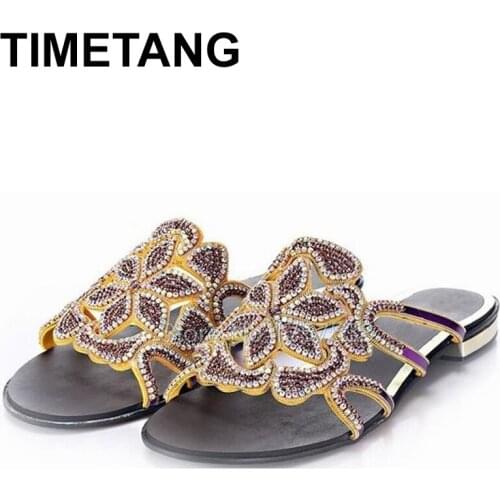 TIMETANG European Women Sandals Cut-outs Fashion Ladies Sexy Summer Rhinestone Flowers Flip Flops New Beach Shoes Big Size 35-44