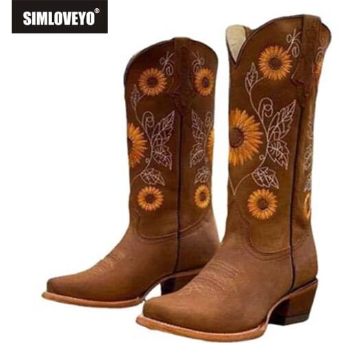 SIMLOVEYO Vintage Women Western Cowboy Boot Ridding Bootie Sunflower Embroidered Big Size 43 Thick Heel Square Toe Pull On