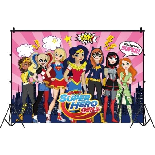 Super Hero Girls Photo Backdrop Girls Kids Happy Birthday Party Photograph Background Banner Photocall Decoration