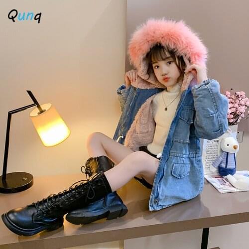 Thick Velvet Warm Girls Denim Coat Faux Fur Hooded Teens Kids Heavyweight Jackets 2021 New Winter Fall Children Outerwear Tops