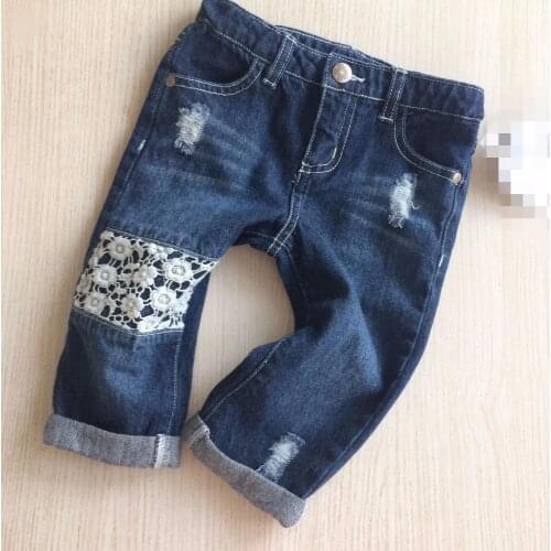 Baby Calf-Length Pants girls Cropped Trousers lace Patchwork pants for girl Fashion kids Ripped jeans child seven-inch trousers