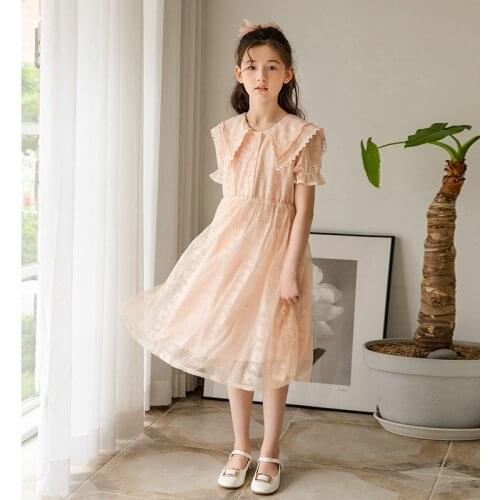 Vintage Pink Cotton Lace Dresses Teenage Girls Princess Costume Elegant Cute Dress Short Sleeve Clothing for Kids 4 6 8 14 Years