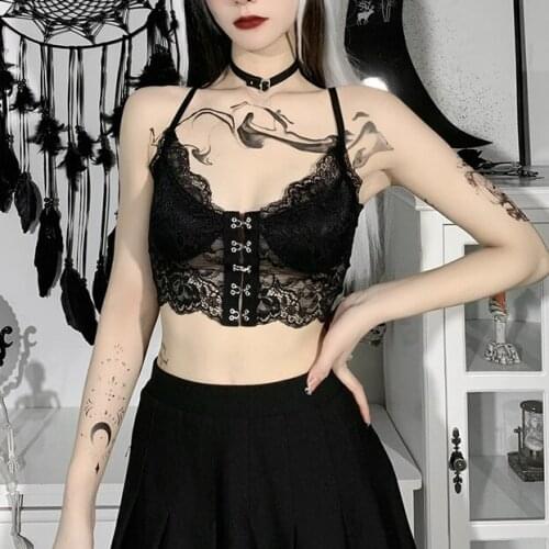 Vintage Lace Summer Top Women Black Harajuku Streetwear Sexy Corset Camis Aesthetic V Neck Spaghetti Straps Summer Camis