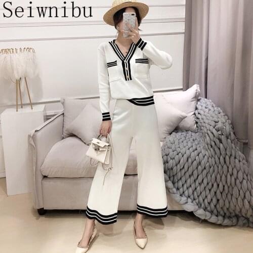 Knitted Women 2 Pieces Pant Sets 2020 Autumn Winter Button V-Neck Striped Pullover Sweater and Ankle-Length Wide Leg Pant Suits