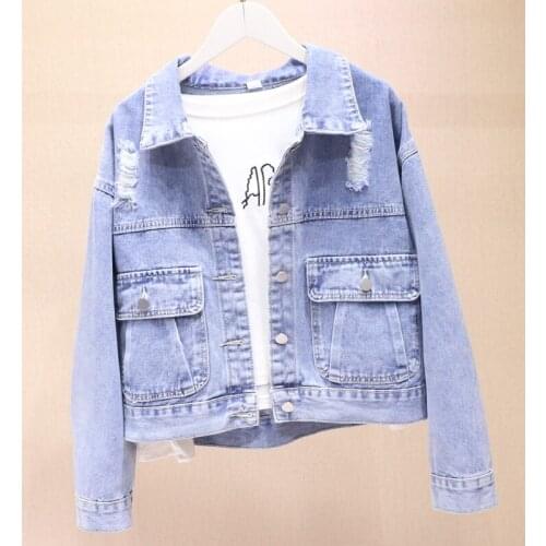 Spring Fall 2021 Light Blue Short Vintage Hole Denim Jacket Women Loose long sleeve Jean Jacket Casual Female Harajuku Outwear