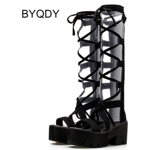 BYQDY 2021 Summer Flock Women Knee-High Boots Cut-Outs Hollow Cross-Lacing Female Open Toe Sandals Cover Heel Black Ladies Shoes
