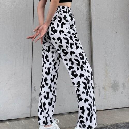 Women Milk Cow Print Elastic High Waist Trousers Harajuku Loose Straight Pants