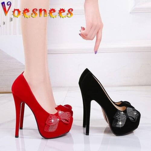 Spring And Autumn 14CM Super High Heel Flock Woman Shoes New Diamond Decorated Bow Design Fashion Platform Wedding Bridal Shoes