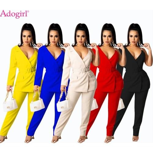 Adogirl Solid Womens Suit Sexy V Neck Chain Straps One Shoulder Long Sleeve Blazer Belt Pencil Pants Office Lady 2 Piece Set