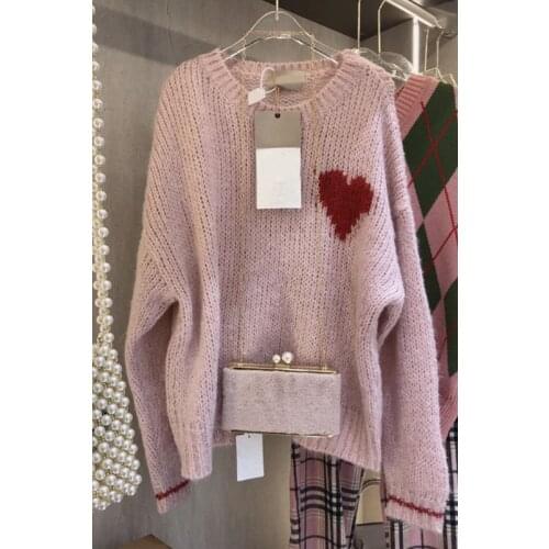 Korean Style Fashion Sweet Pull Femme Autumn Winter Pullovers Sweaters O Neck Long Sleeve Pink Love Knitted Shirts Tops Outwear