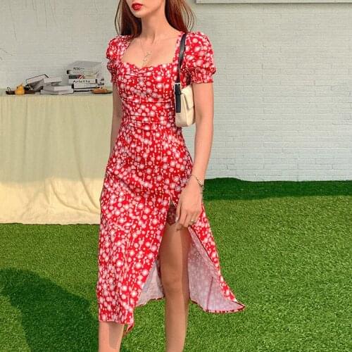 Unaiza Women Summer Vintage Party Dress Lady France Puff Sleeve Floral Print Square Collar Side Split Midi Dress Vestido 2021