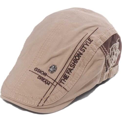 2021new Casual Letter Embroidery Skull Beret Cotton Visor Cap for Men Brand Fashion Hat Retro Flat Caps Button Adjustable Berets