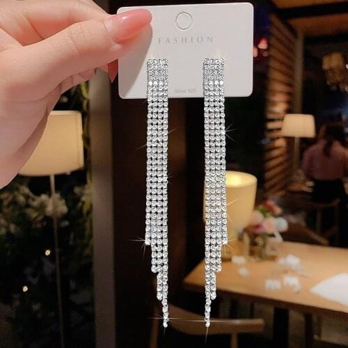 BLIJERY New Shiny Rhinestone Crystal Tassel Long Drop Earrings for Women Hanging Dangle Earrings Wedding Party Gifts Brincos