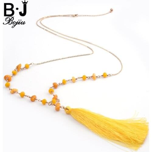 BOJIU Pendant Long Necklace Fashion New Jewelry Yellow Necklaces Pendants Natural Stone Tassel Cable Chain Choker Women NKS093