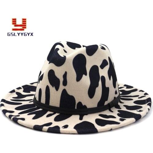 2021 Autumn Winter New Leather Belt Cow Pattern Wide Brim Wololen Felt Fedora Hat for Men Women Adult Unisex Top Hat