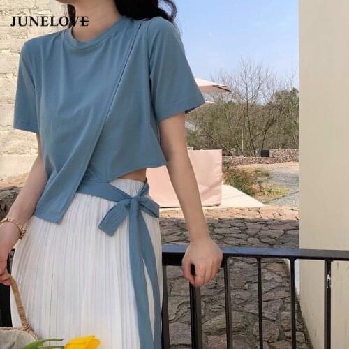 Short Sleeve T-shirts Women Bow Tied Belt Asymmetrical Hem Womens Solid Summer Chic Fashion Casual Streetwear Elegant Retro Tops