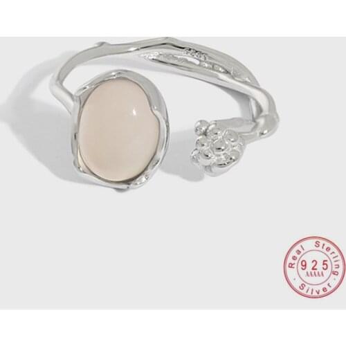 HI MAN S925 Sterling Silver Korean INS White Agate Flower Bud Opening Adjustable Ring Women Temperament Elegant Jewelry