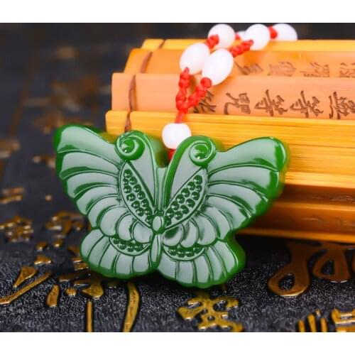 Chinese Natural Green Jade Butterfly Pendant Necklace Hand-carved Charm Jadeite Jewelry Fashion Amulet Gifts for Men Women