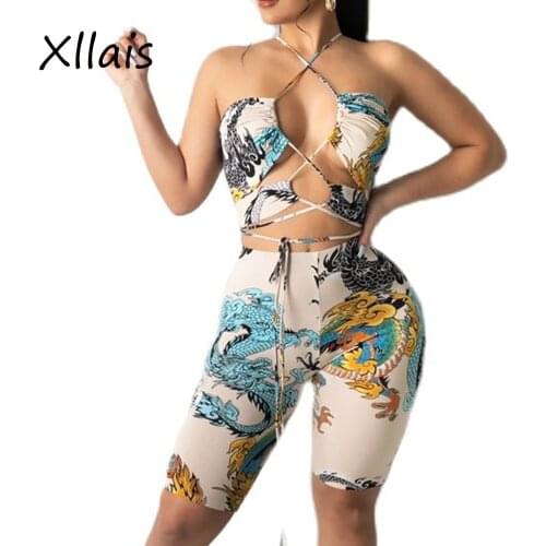 XLLAIS Print Dragon Two Piece Cute Shorts Sets Women Sexy Holiday Beach Outfits Lady Bandage Strapless Crop Tops Slim Pants