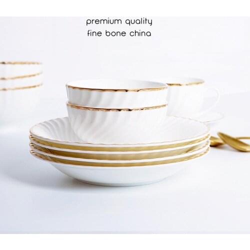 Bone China Plate Bowl Cup And Sauce Food Pot Set Golden Edge Dinnerware Gift Spirle Snack Dish High-Class Household Dinner Tools