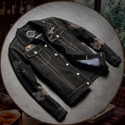 Vinegar wash black denim jacket mens national fashion embroidery retro trim jacket spring and autumn trend casual jacket