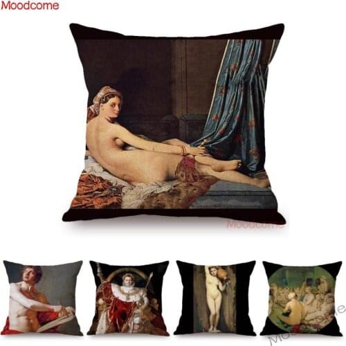 Neoclassical World Famous Oil Painting Jean Ingres Nepoleon The Source La Grande Odalisque Sofa Pillow Case Linen Cushion Cover
