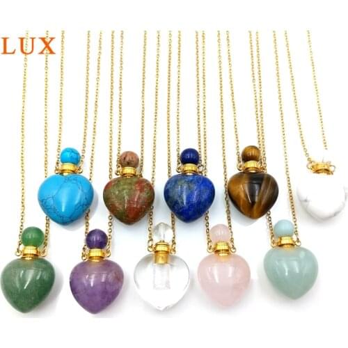 Natural gems stone perfume bottle necklace Essential Oil Diffuser Pendant lapiz lazuli amethysts heart shape jewelry charm