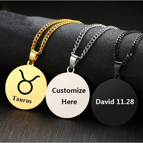 Personalized Name Coin Necklace Stainless Steel Pendant for Woman Man Free Custom Engraving Constellation Love Family Pet Photo