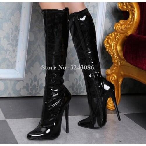 Sexy 16cm Thin Heels Knee High Boots Lady Patent Leather Pointed Toe Long Boots Female 12cm Heel Night Club Stage Shoes