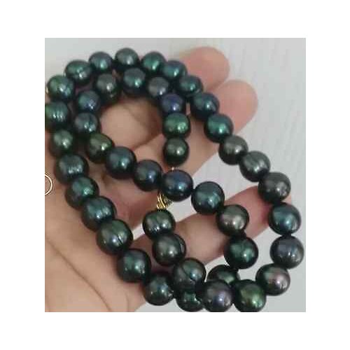 Stunning 9-10mm Tahitian baroque black green pearl necklace18inch 14k